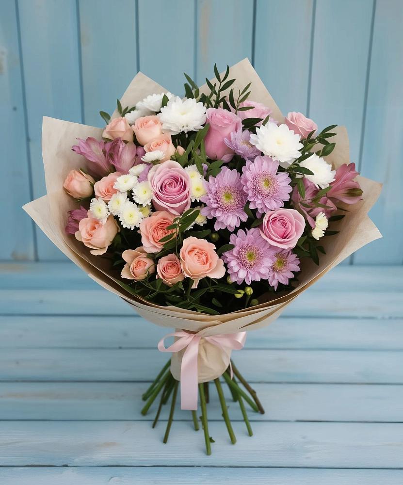 Букет цветов из: Хризантемы, Розы и Альстромерии в Поронайске