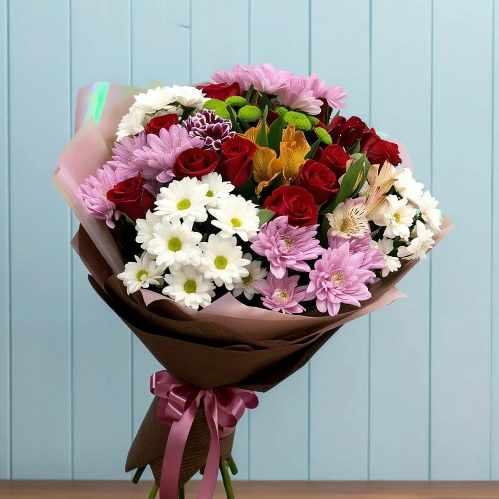 Букет цветов из: Розы, Хризантемы и Альстромерии в Поронайске