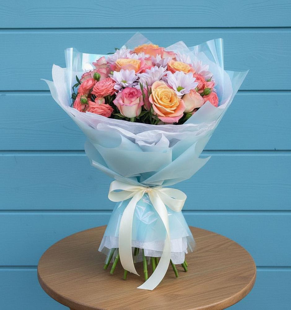 Букет цветов из: Хризантемы и Розы в Поронайске