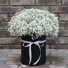 Цветочная композиция из Гипсофила в шляпной коробке в Поронайске