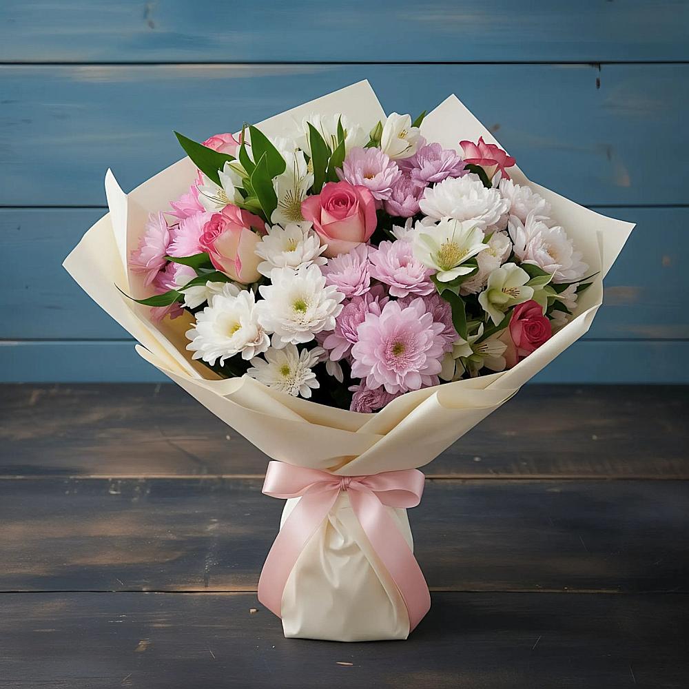 Букет цветов из: Хризантемы, Альстромерии и Розы в Поронайске